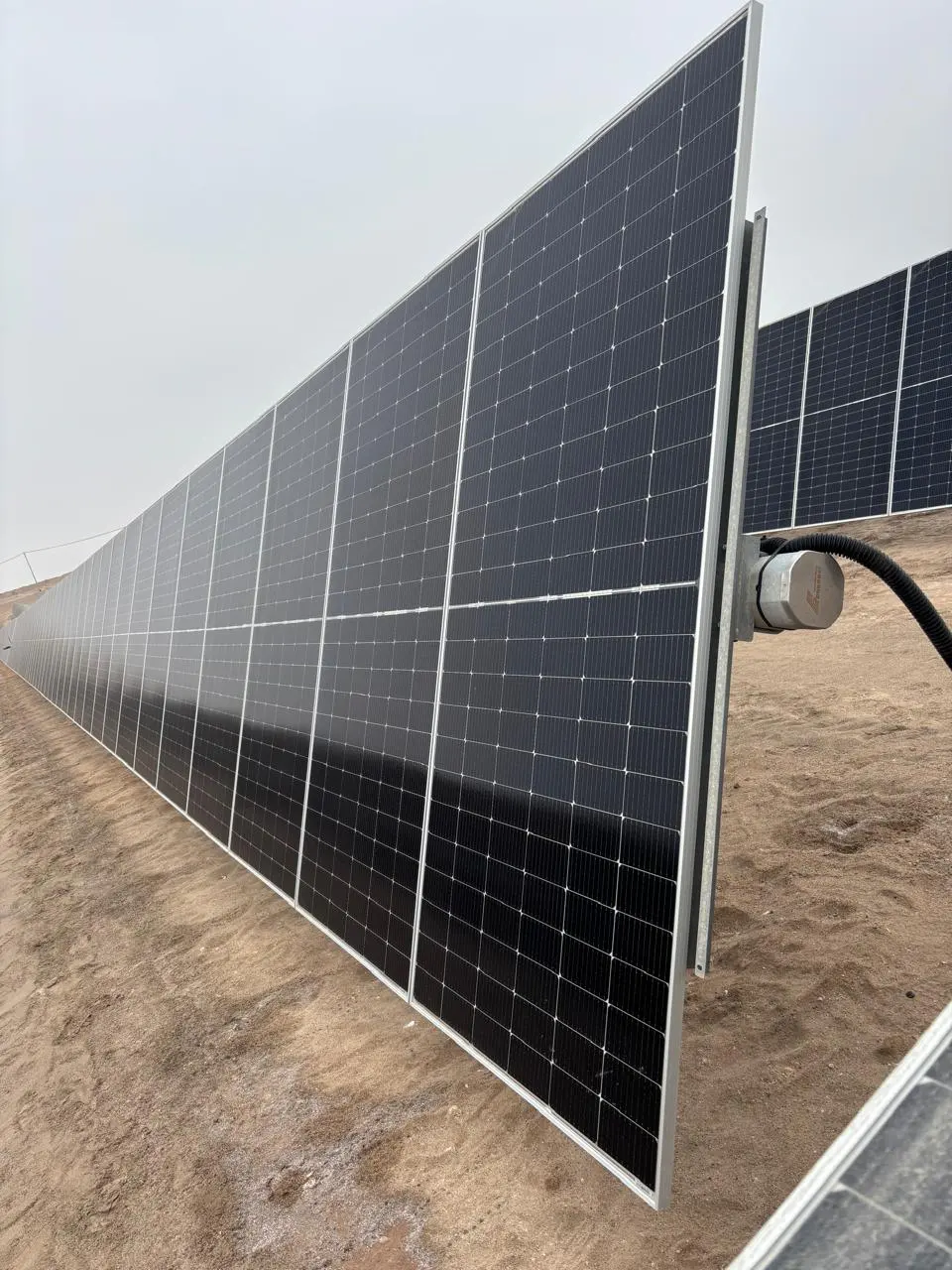 Módulos solares instalados en hileras sobre terreno árido